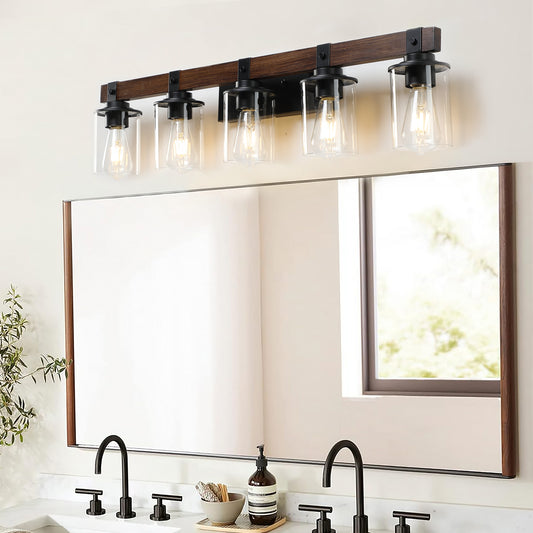 35" 5-Light Farmhouse Vanity Light with Wood Accent - view 2