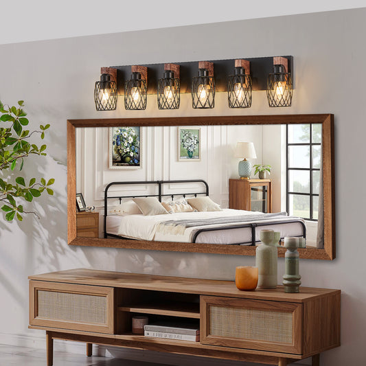38" 6-Light Caged Industrial Wall Light with Wood Accents - view 2
