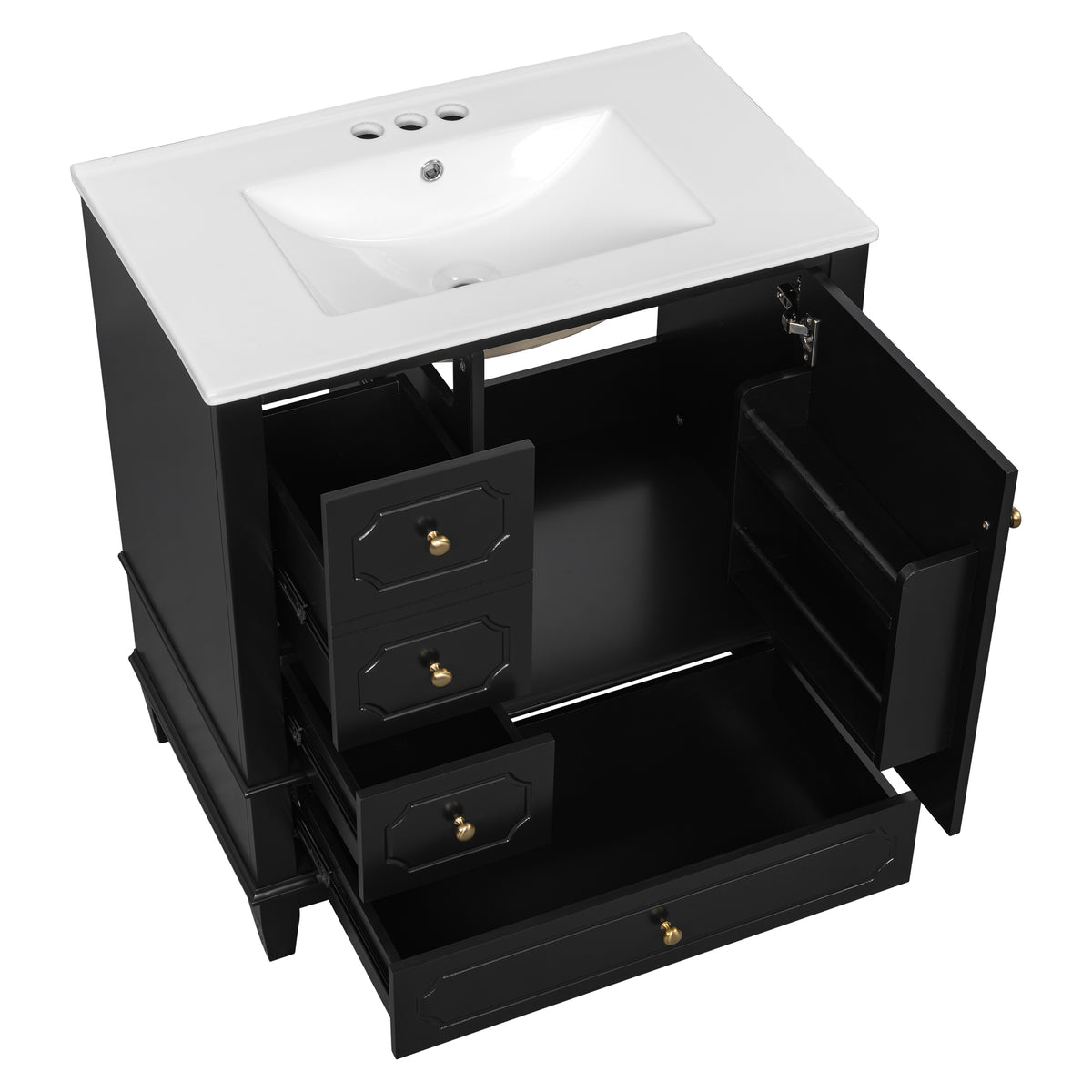 30" Black Bathroom Vanity with Sink, 3 Drawers & Tapered Legs
