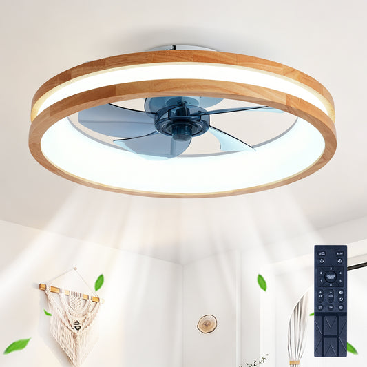 Natural Wood & White Flush Mount Ceiling Fan with Dimmable LED - view 2