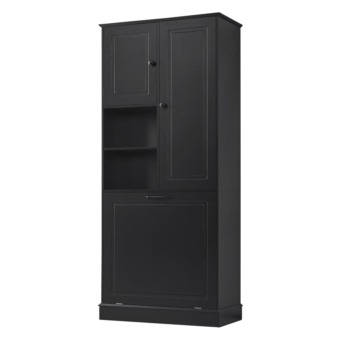 68" Black Tall Storage Cabinet with Flip-Out Basket