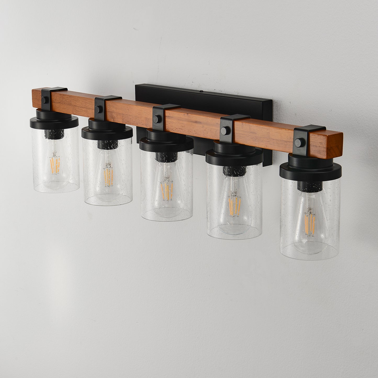 5-Light Matte Black & Wood Wall Light with Glass Shades - view 15