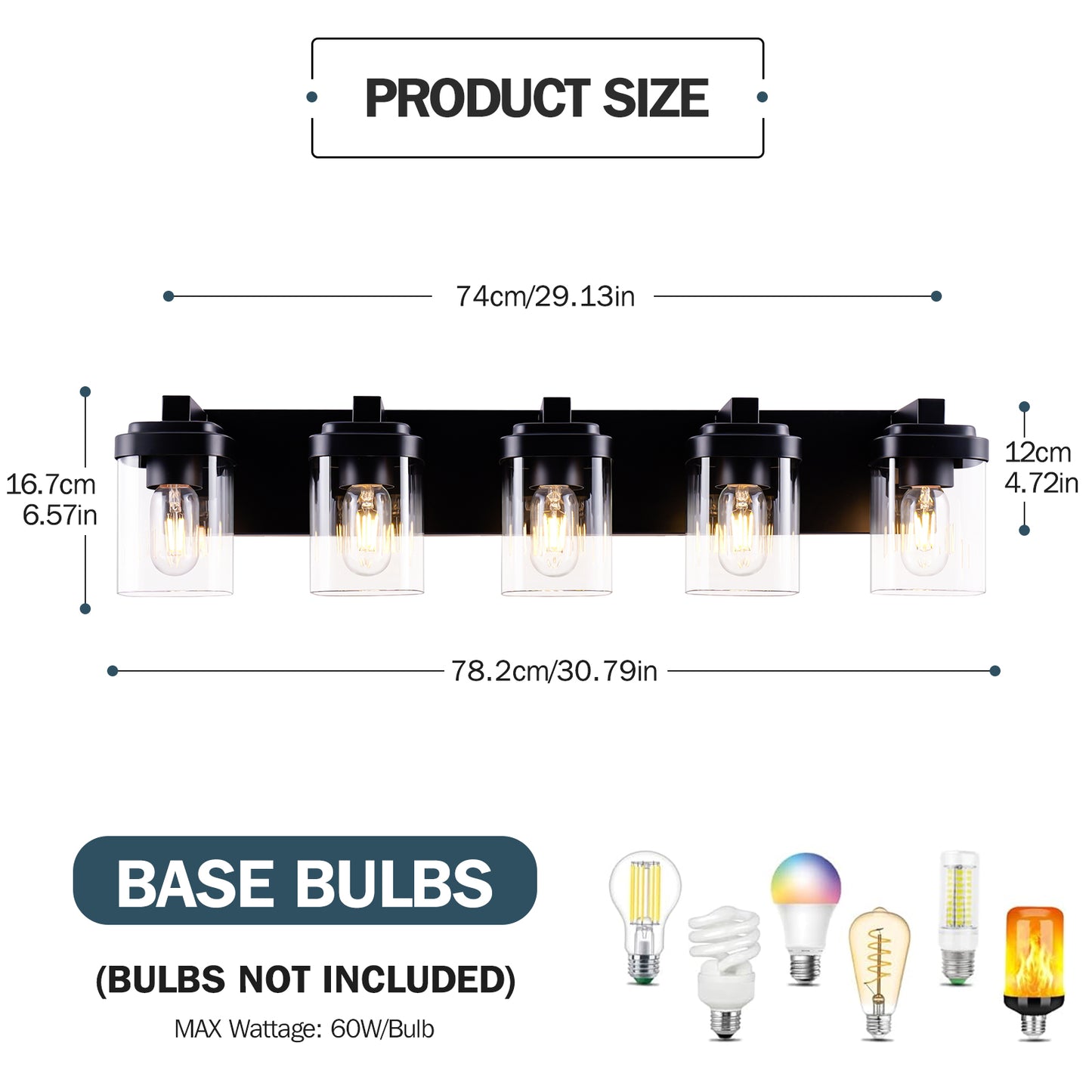 5-Light Matte Black Vanity Light with Clear Glass Shades - view 7