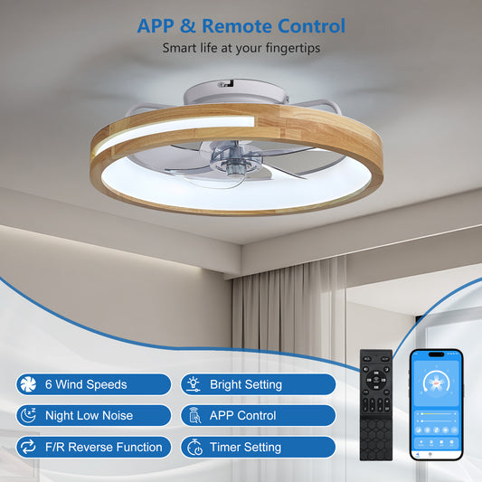 20" Wood Flush Mount Ceiling Fan with Dimmable LED - view 2