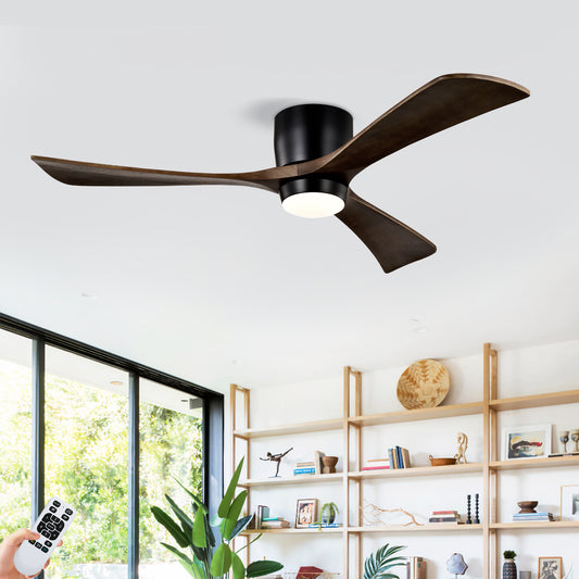 52" Matte Black Flush Mount Wood Ceiling Fan with Remote - view 2
