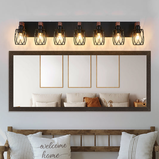 7-Light Black Caged Wall Sconce with Wood Accents - view 2