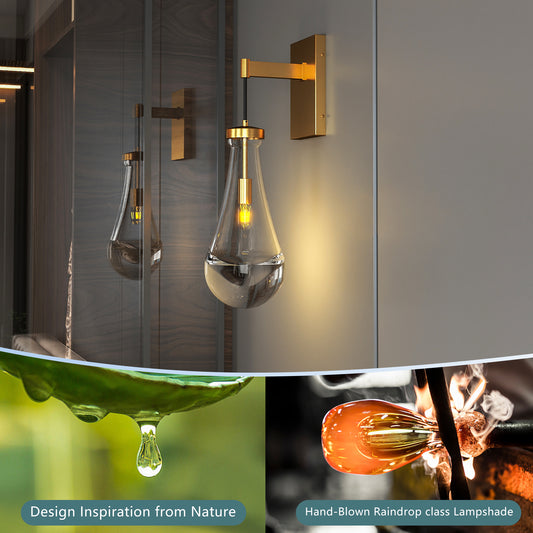 Brass Wall Light with Raindrop Glass, Dimmable LED - view 2
