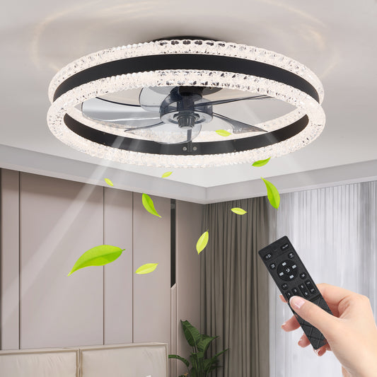 20" Black Double Ring Flush Mount Ceiling Fan with Remote - view 2