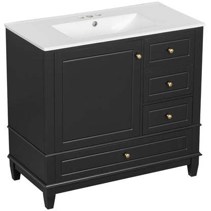 36" Black Bathroom Vanity with Sink, 3 Drawers & Bottom Drawer