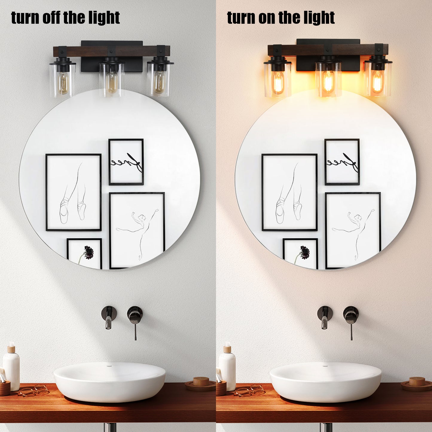 19" 3-Light Walnut Farmhouse Vanity Light with Glass Shades - view 10