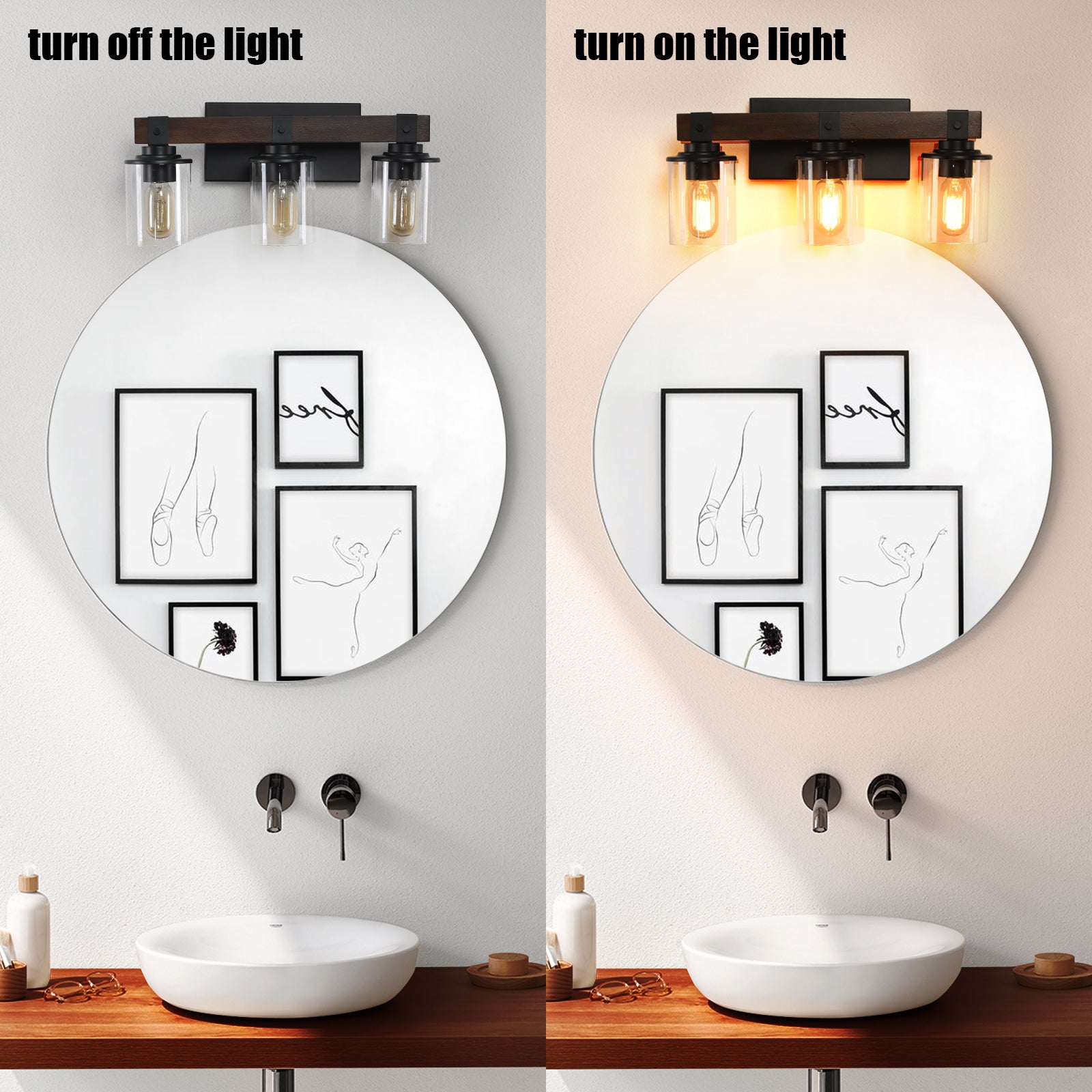 19" 3-Light Walnut Farmhouse Vanity Light with Glass Shades - view 10