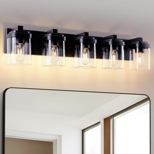 5-Light Matte Black Vanity Light with Clear Glass Shades