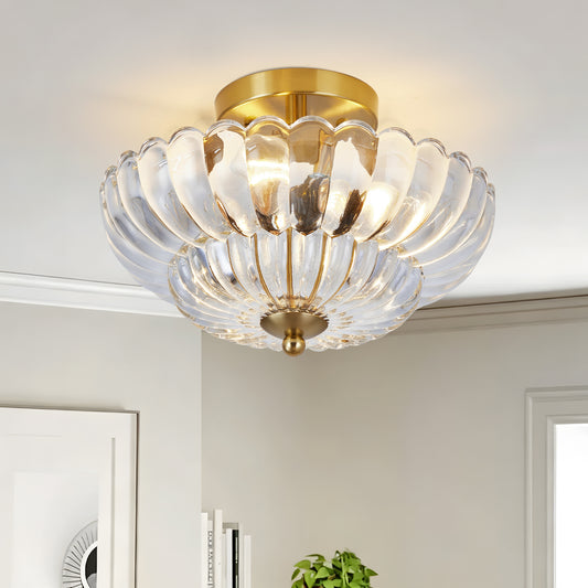 11.8" 3-Light Gold Semi-Flush Ceiling Light with Flower Glass
