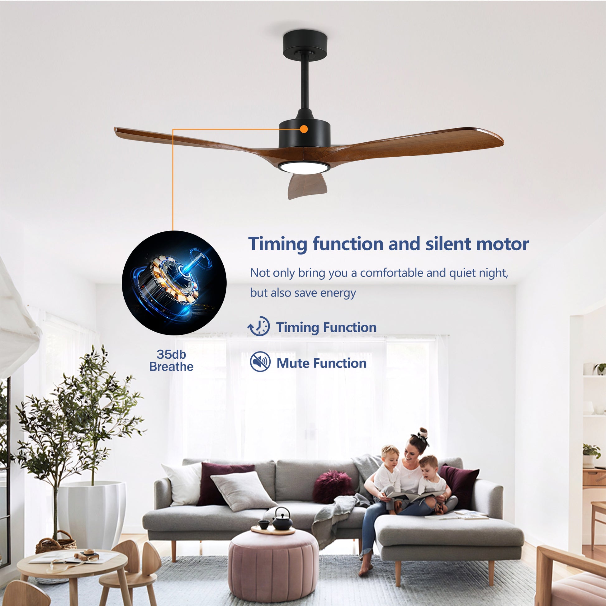 52" Matte Black Solid Wood Ceiling Fan with Dimmable LED - view 10