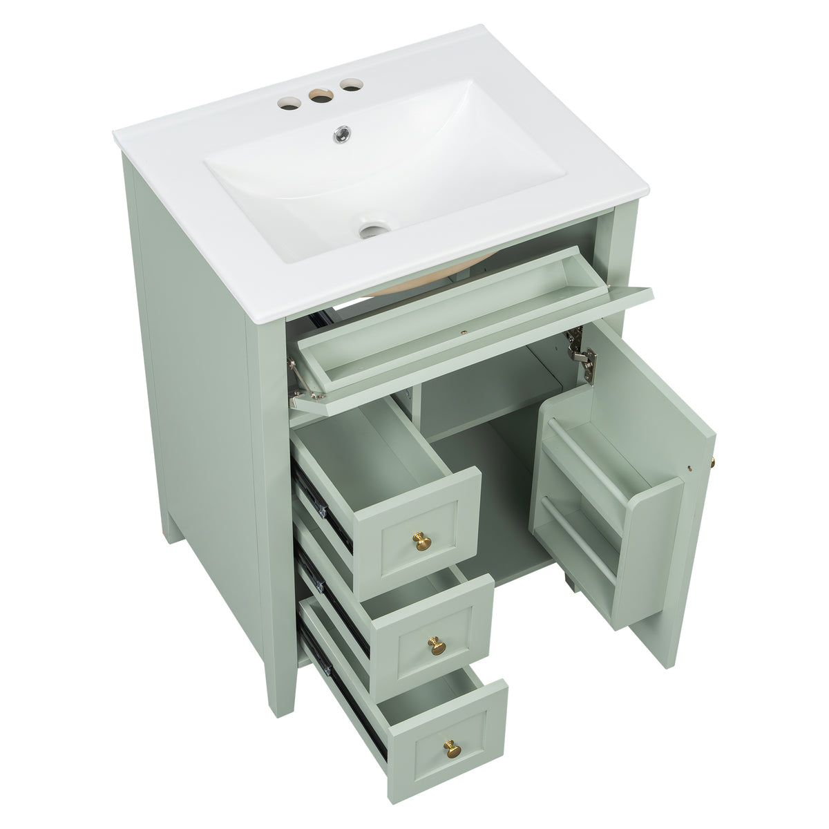24" Green Bathroom Vanity with Ceramic Sink and 4 Drawers