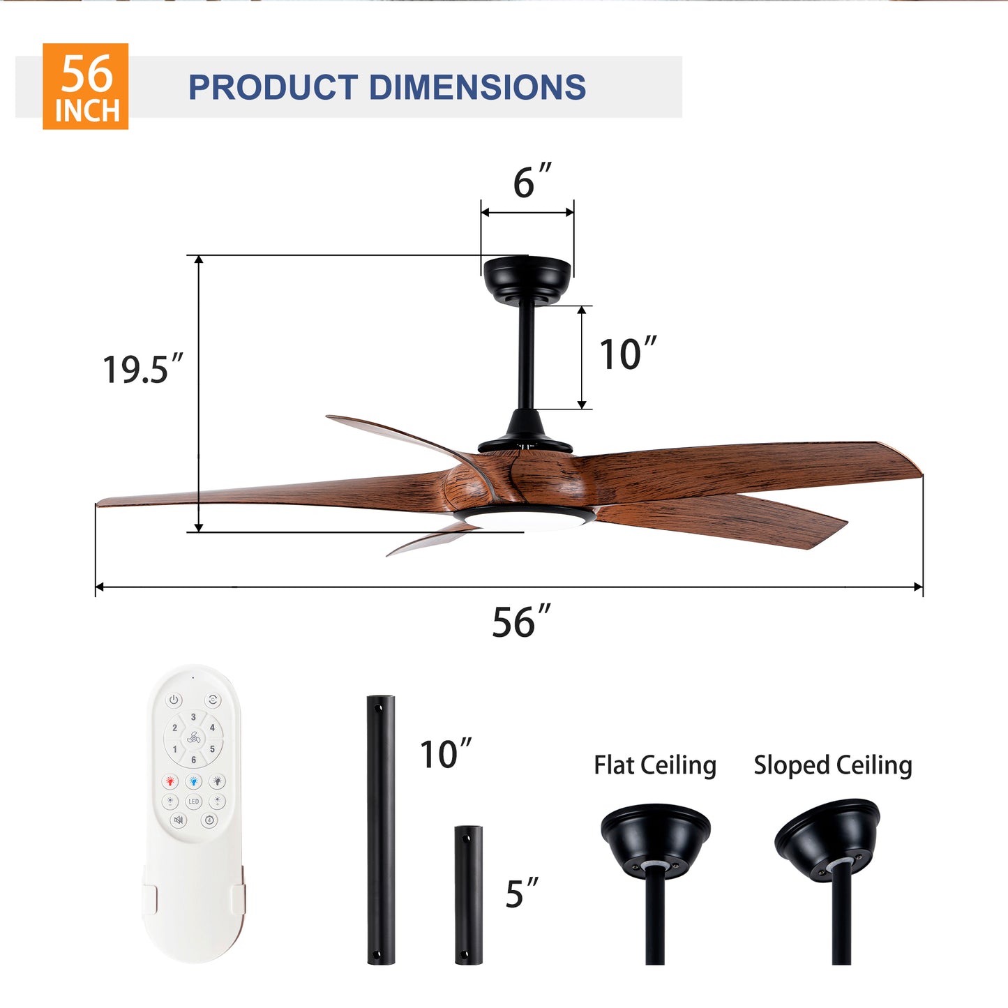 56" 5-Blade Matte Black & Wood Ceiling Fan with Remote - view 9