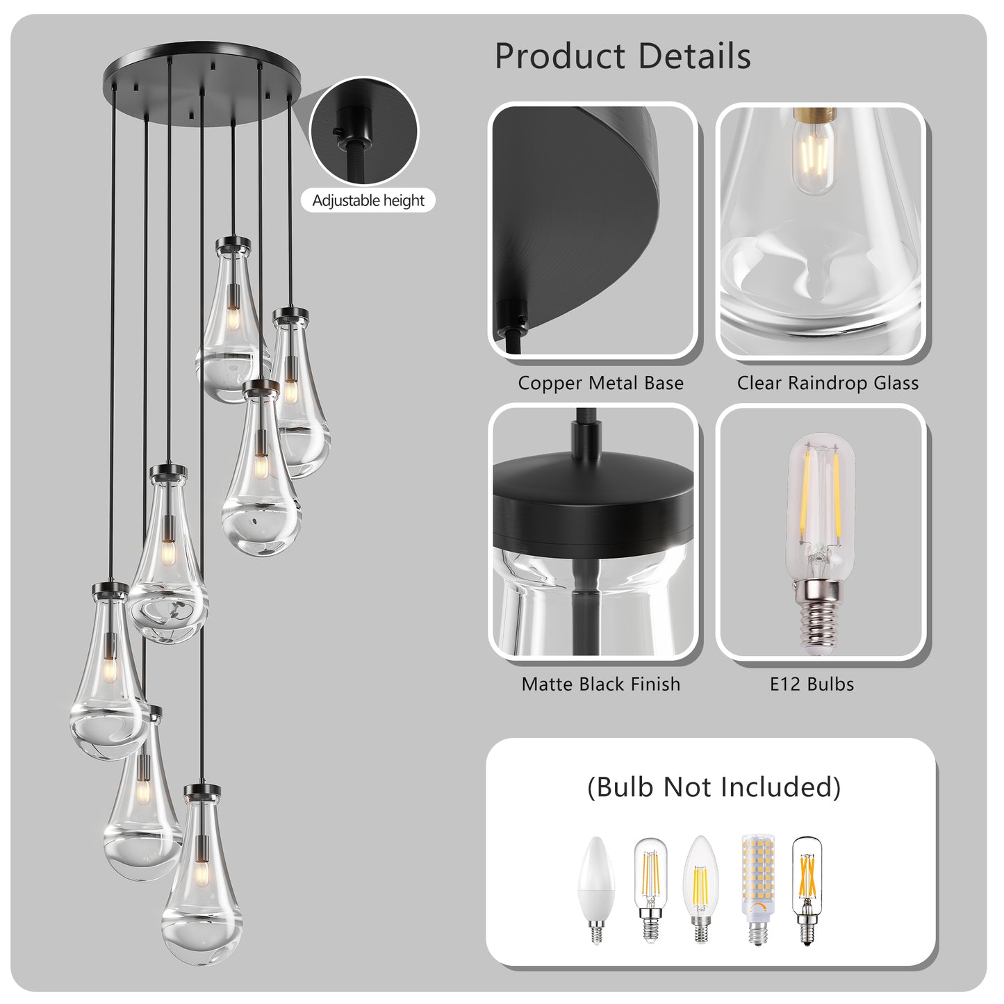7-Light Black Adjustable Pendant Chandelier - view 8