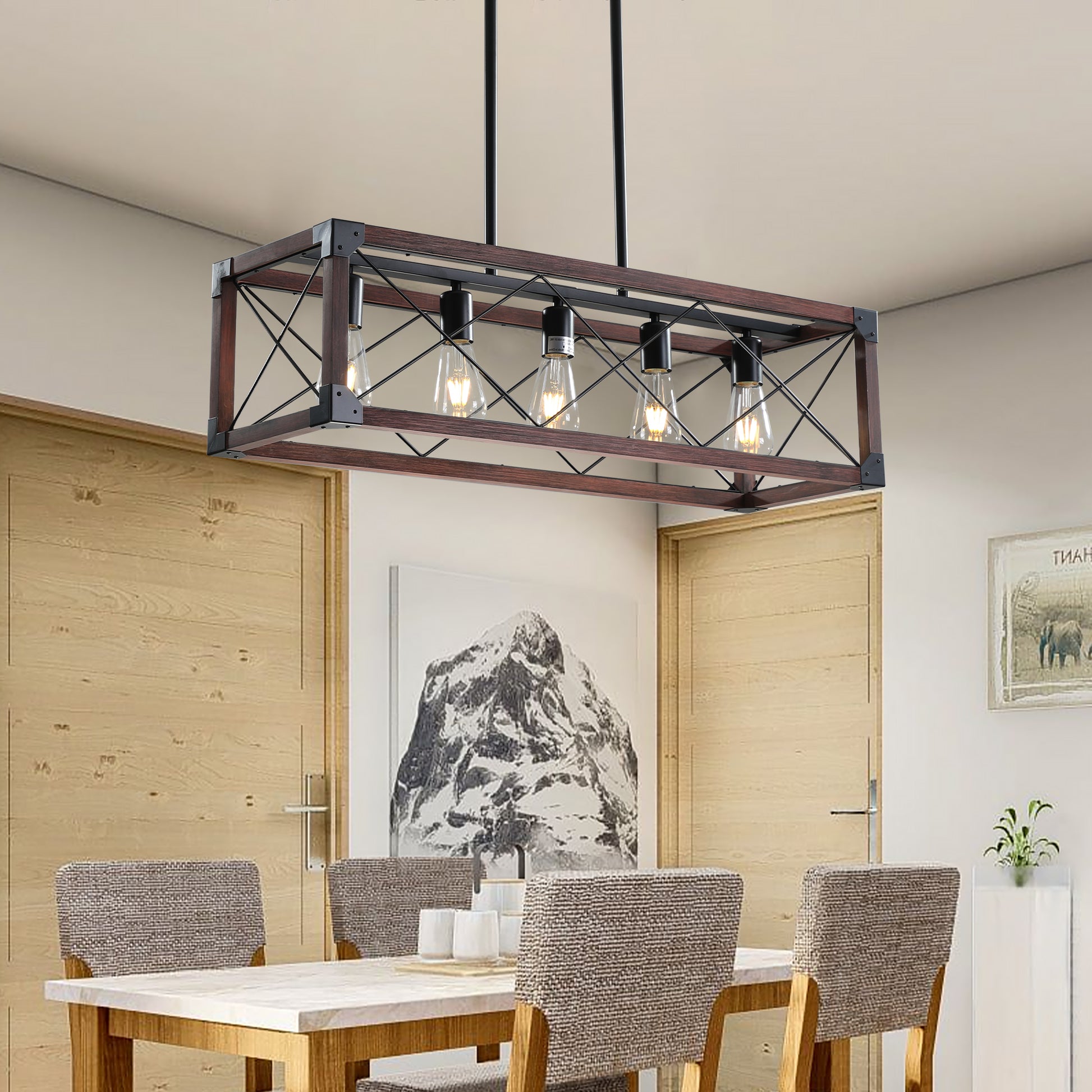 32" 5-Light Red Wood Farmhouse Rectangle Chandelier - view 2
