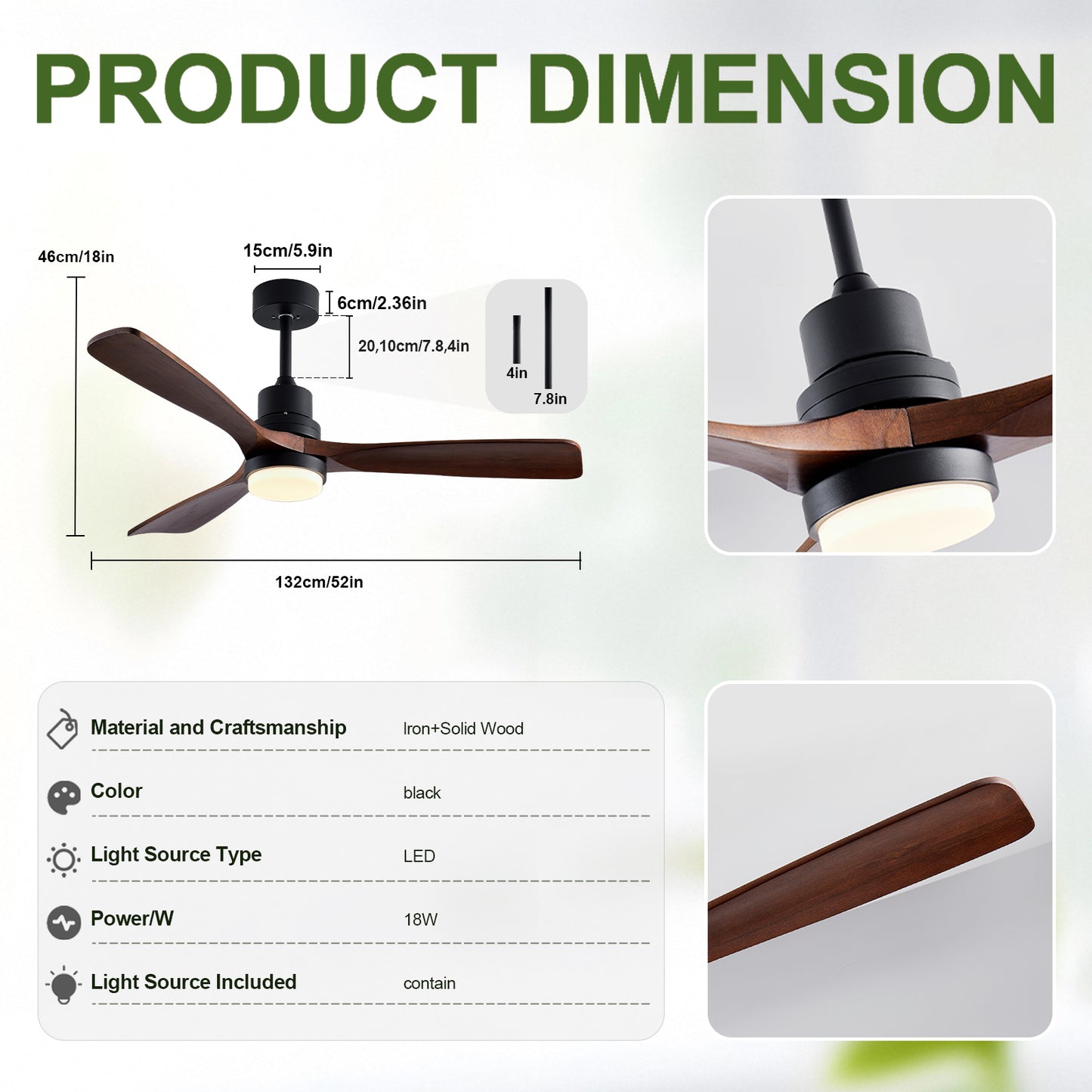 52" Black & Walnut Wood Ceiling Fan with Remote - view 5