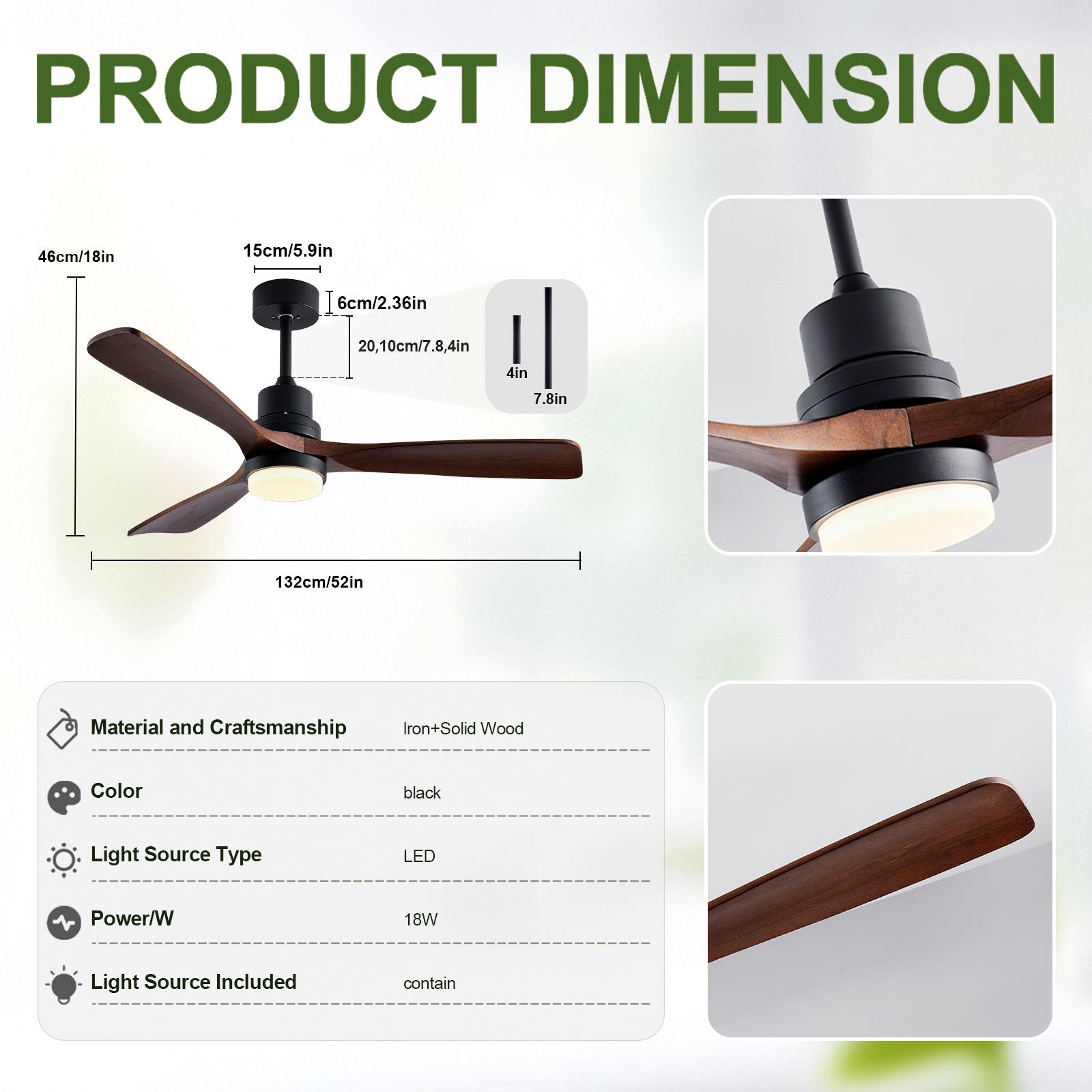 52" Black & Walnut Wood Ceiling Fan with Remote - view 5