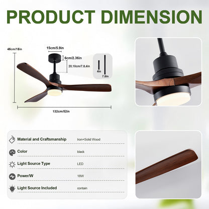 52" Black & Walnut Wood Ceiling Fan with Remote - view 5