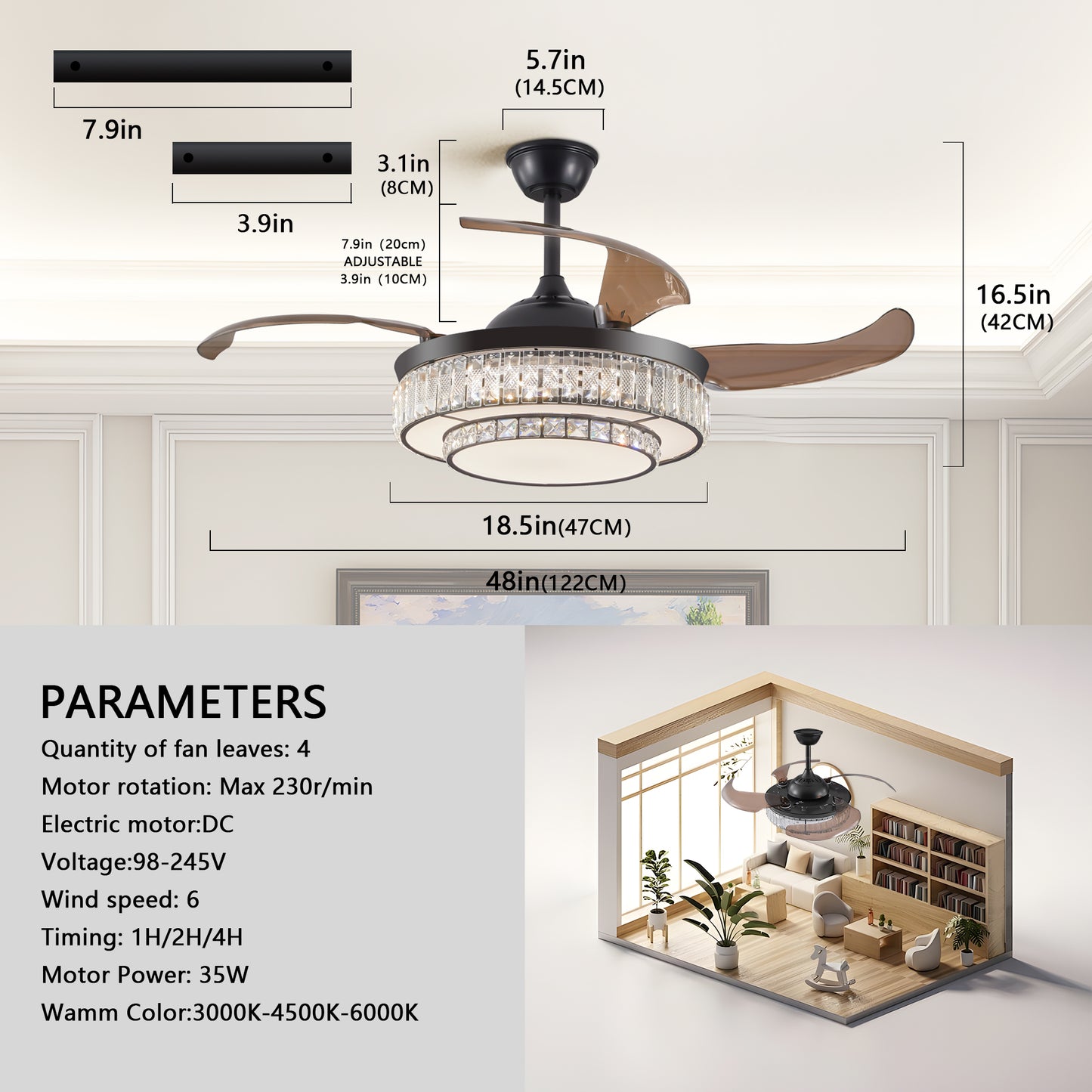 48" Black Crystal Retractable Ceiling Fan with Remote - view 10
