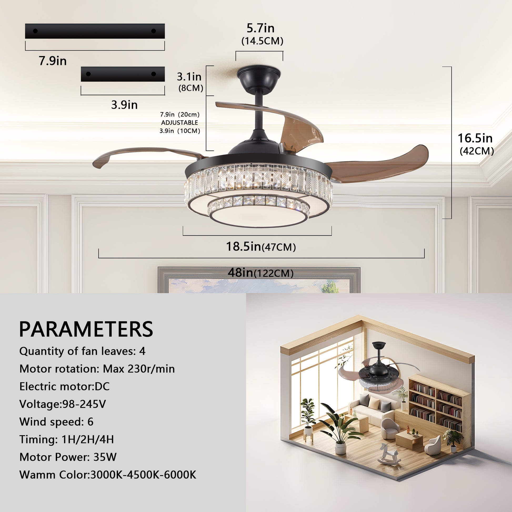 48" Black Crystal Retractable Ceiling Fan with Remote - view 10