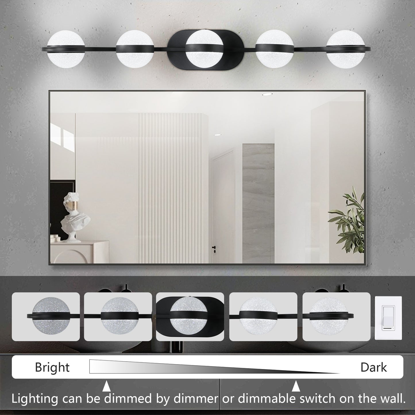 5-Light Black Vanity Light with Frosted Glass Shades - view 6