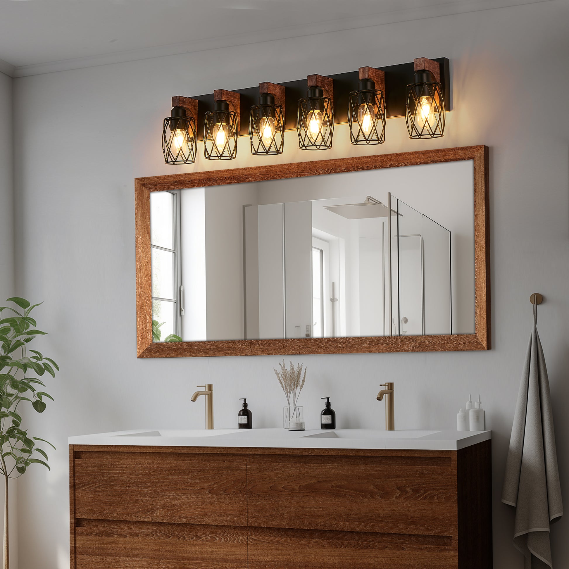 38" 6-Light Caged Industrial Wall Light with Wood Accents - view 3