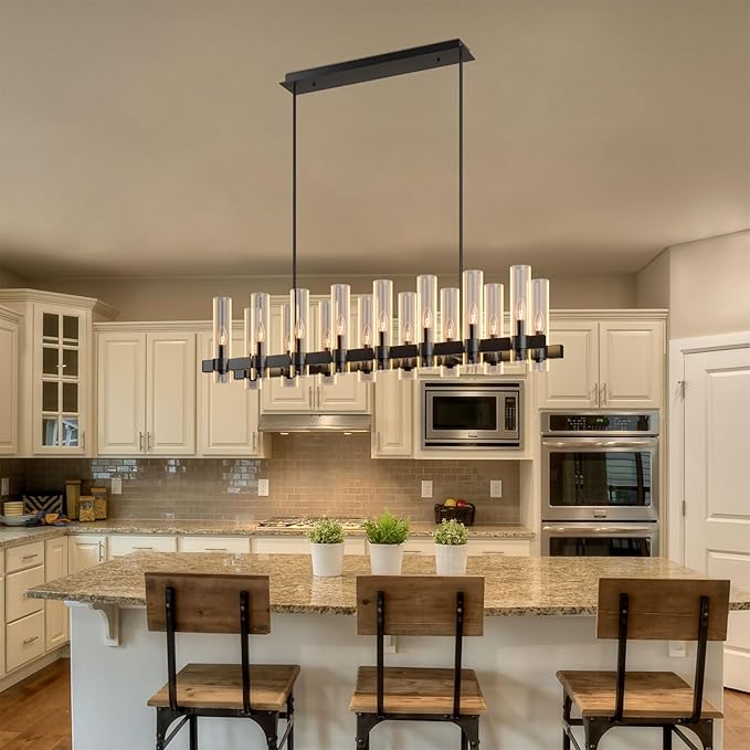 12-Light Black Linear Farmhouse Chandelier with Clear Glass - view 3