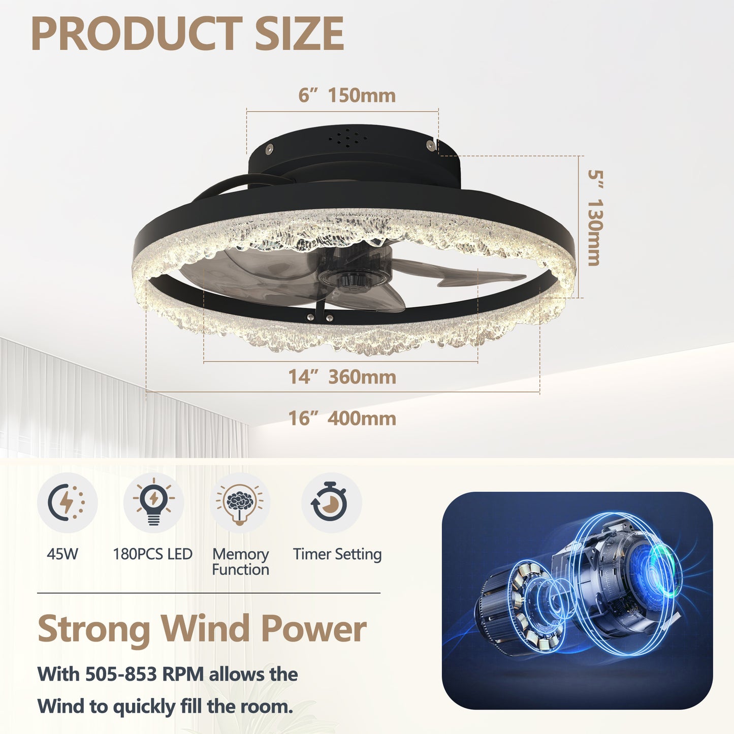 16" Black Crystal Ring Flush Mount Ceiling Fan with Remote - view 7