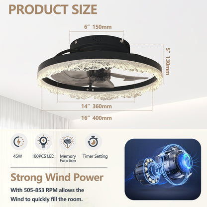 16" Black Crystal Ring Flush Mount Ceiling Fan with Remote - view 7