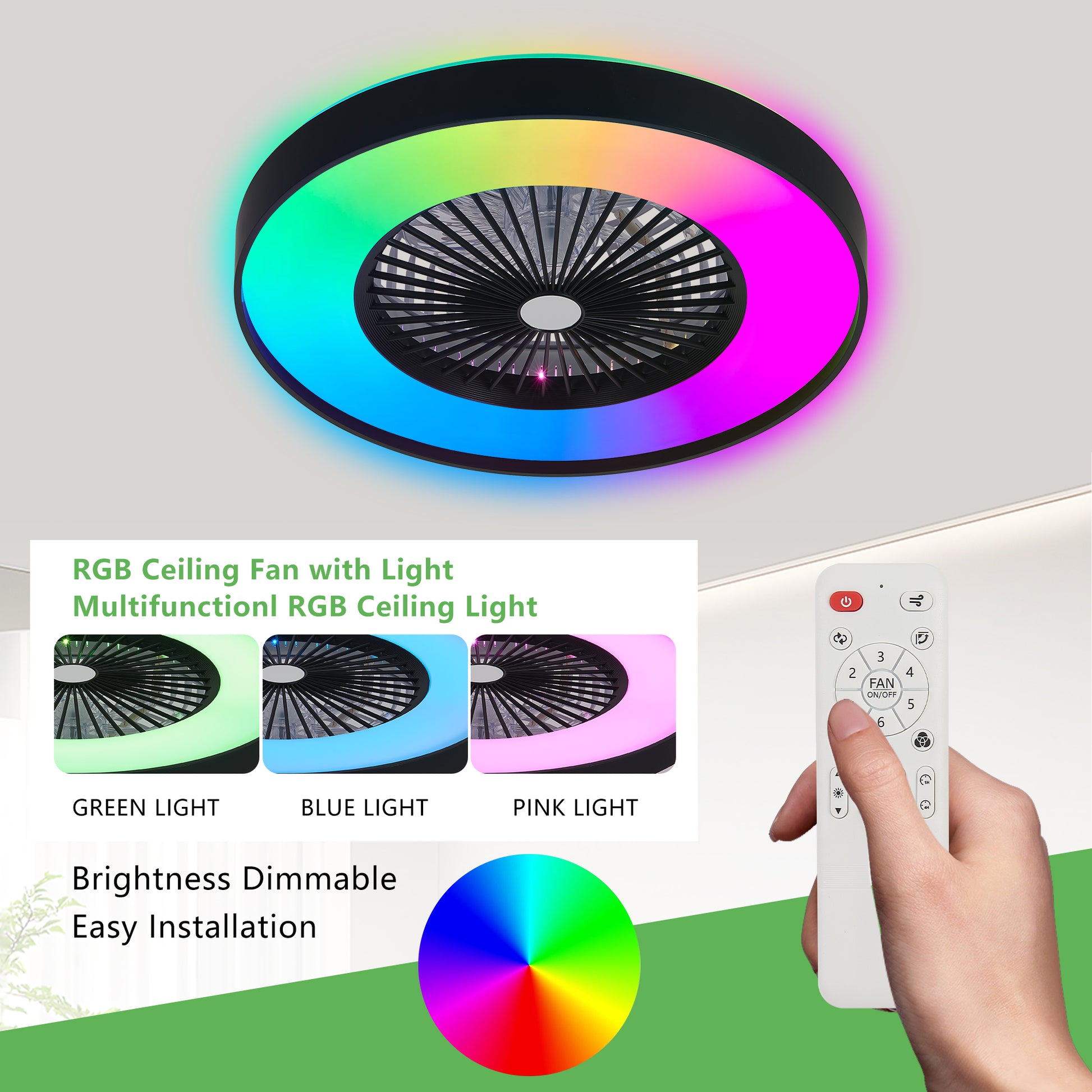 23" Black Smart Ceiling Fan with RGB LED - view 10