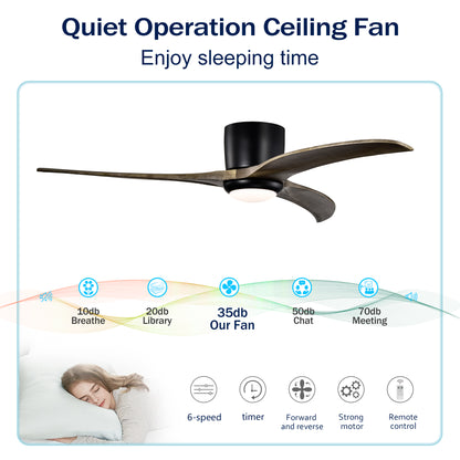 52" Matte Black Flush Mount Wood Ceiling Fan with Remote - view 12