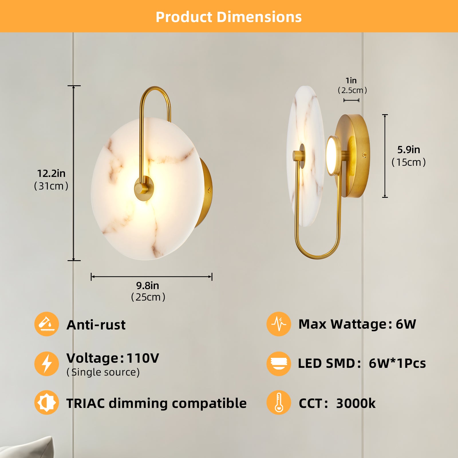 9.8" Gold Round Alabaster LED Wall Sconce - view 7