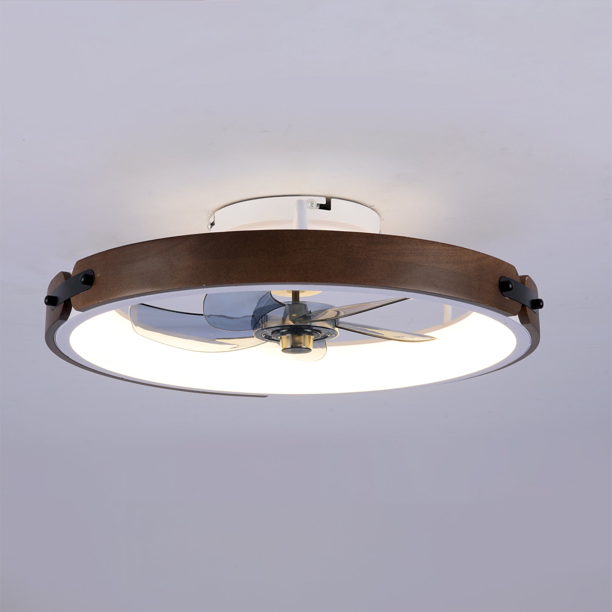 20" Walnut & Black Flush Mount Ceiling Fan with Dimmable LED - view 15