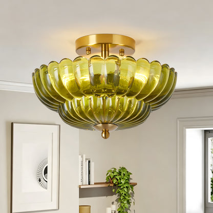 11.8" 3-Light Green Flower Glass Semi Flush Ceiling Light