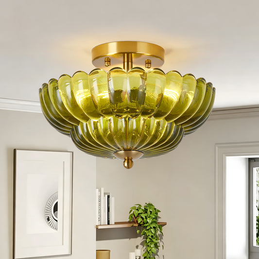 11.8" 3-Light Green Flower Glass Semi Flush Ceiling Light