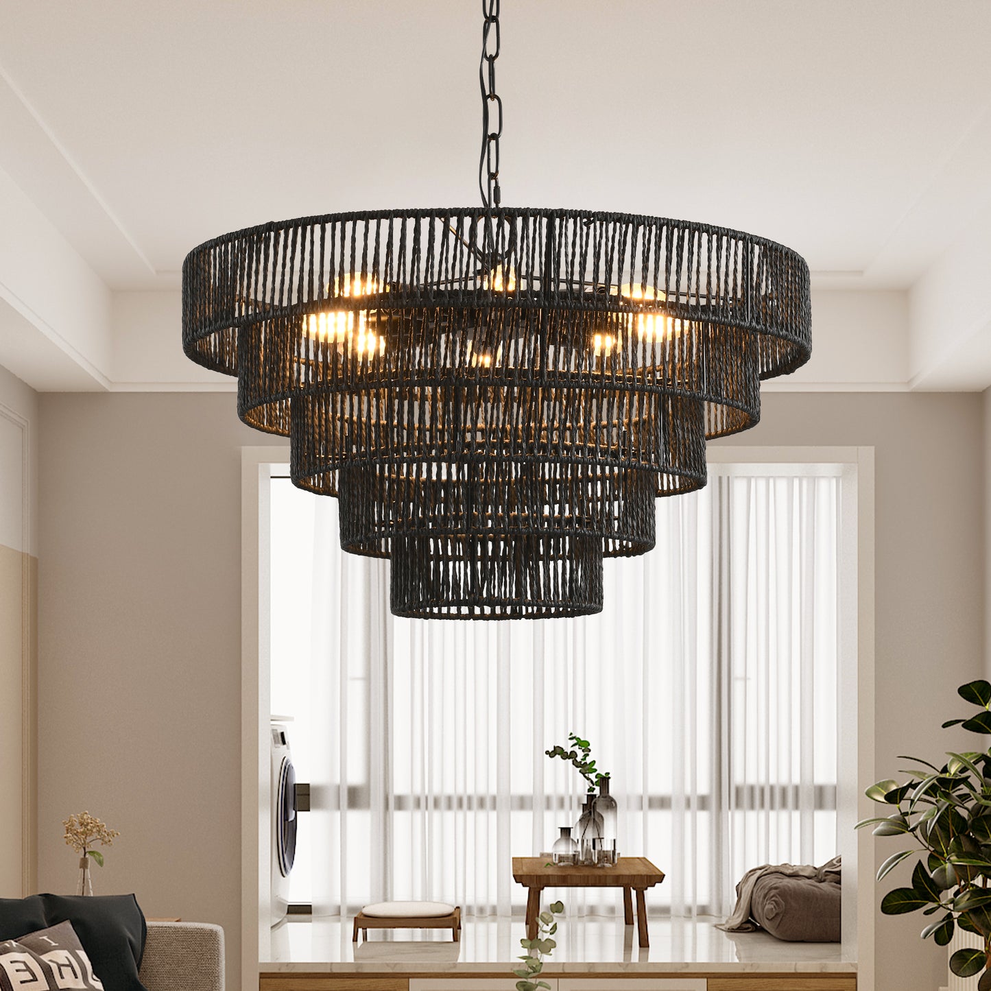 24" 5-Tier Black Hemp Rope Chandelier, 8-Light - view 3