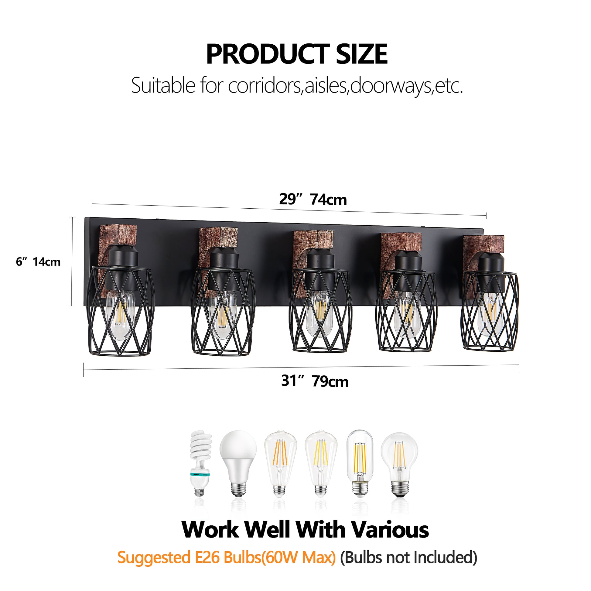31" 5-Light Black Caged Wall Light with Wood Accents - view 8