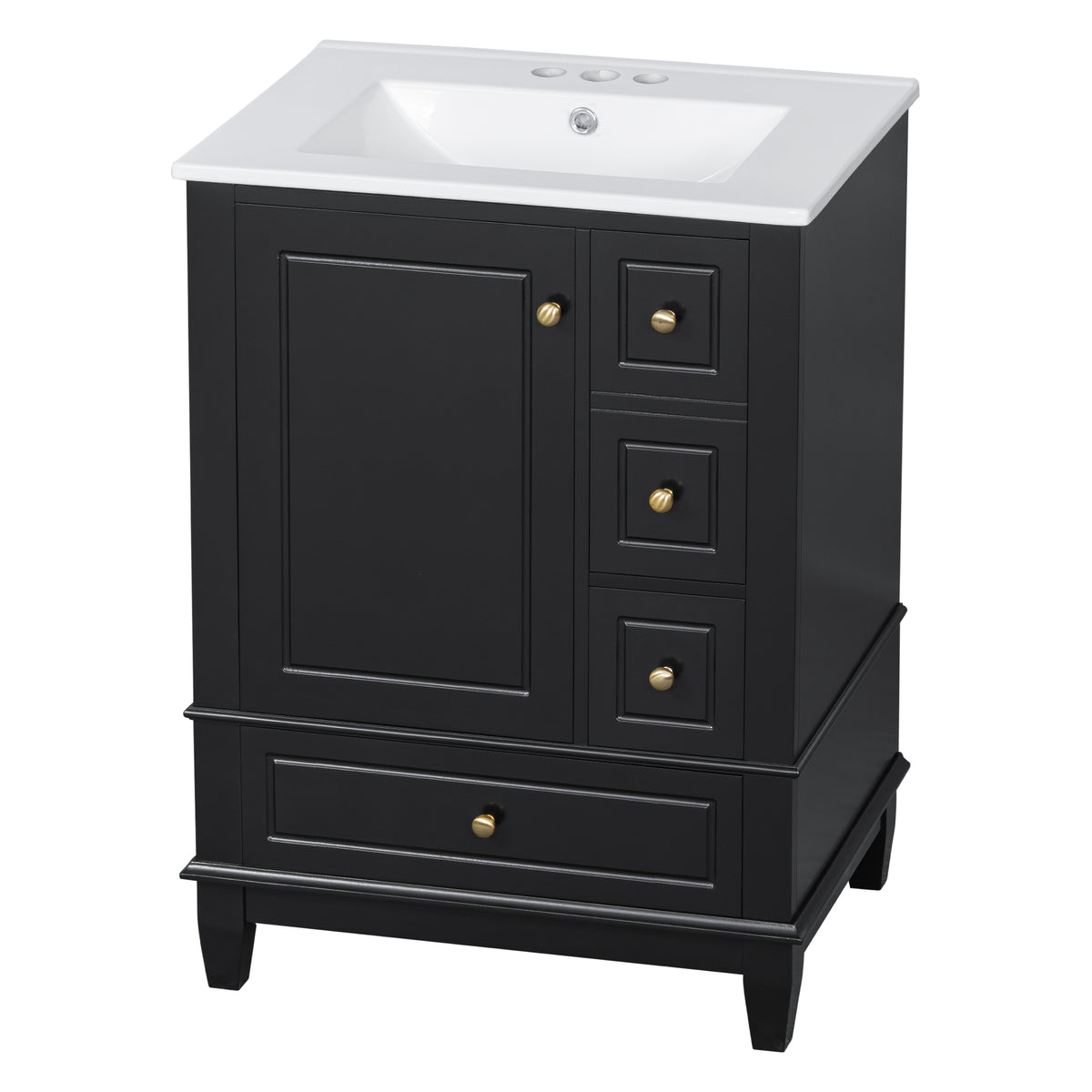 24" Black Bathroom Vanity with Sink, 3 Drawers & Turned Legs