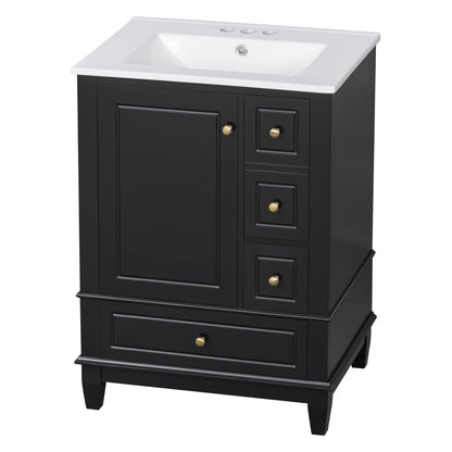 24" Black Bathroom Vanity with Sink, 3 Drawers & Turned Legs