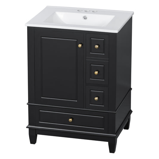 24" Black Bathroom Vanity with Sink, 3 Drawers & Turned Legs