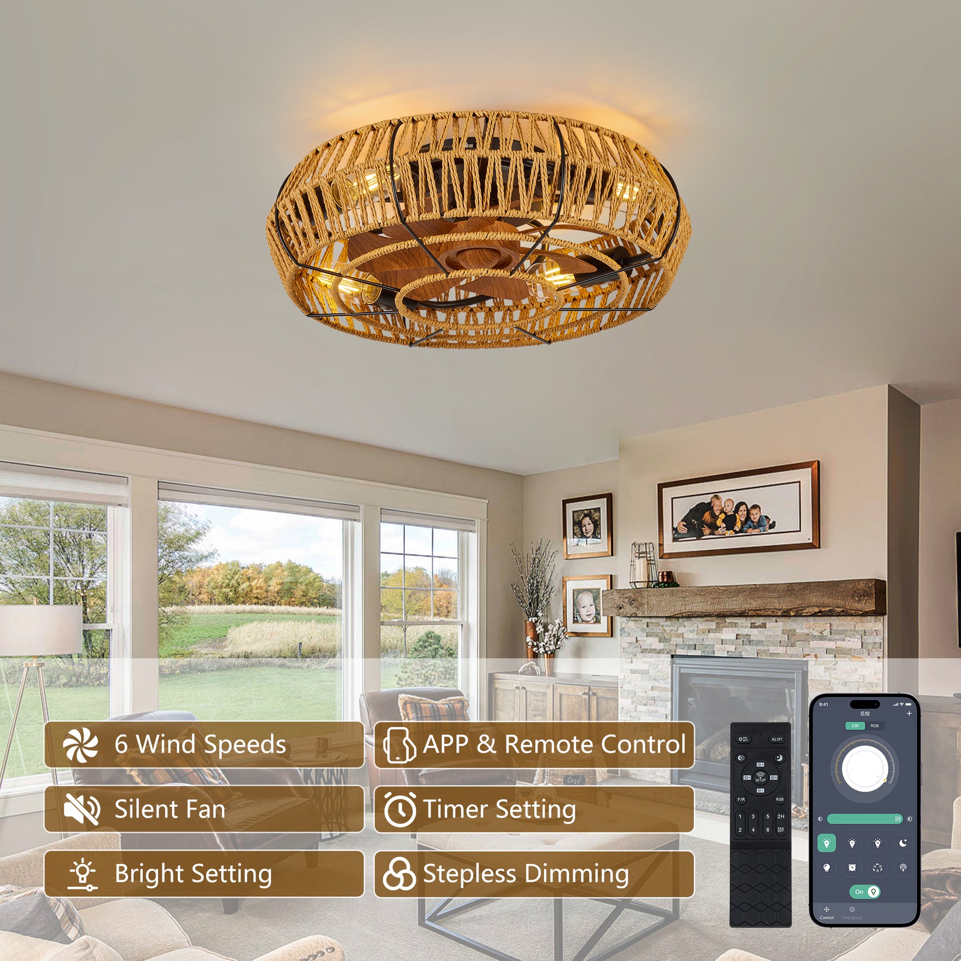 19" Black Caged Boho Flush Mount Ceiling Fan with Remote - view 5