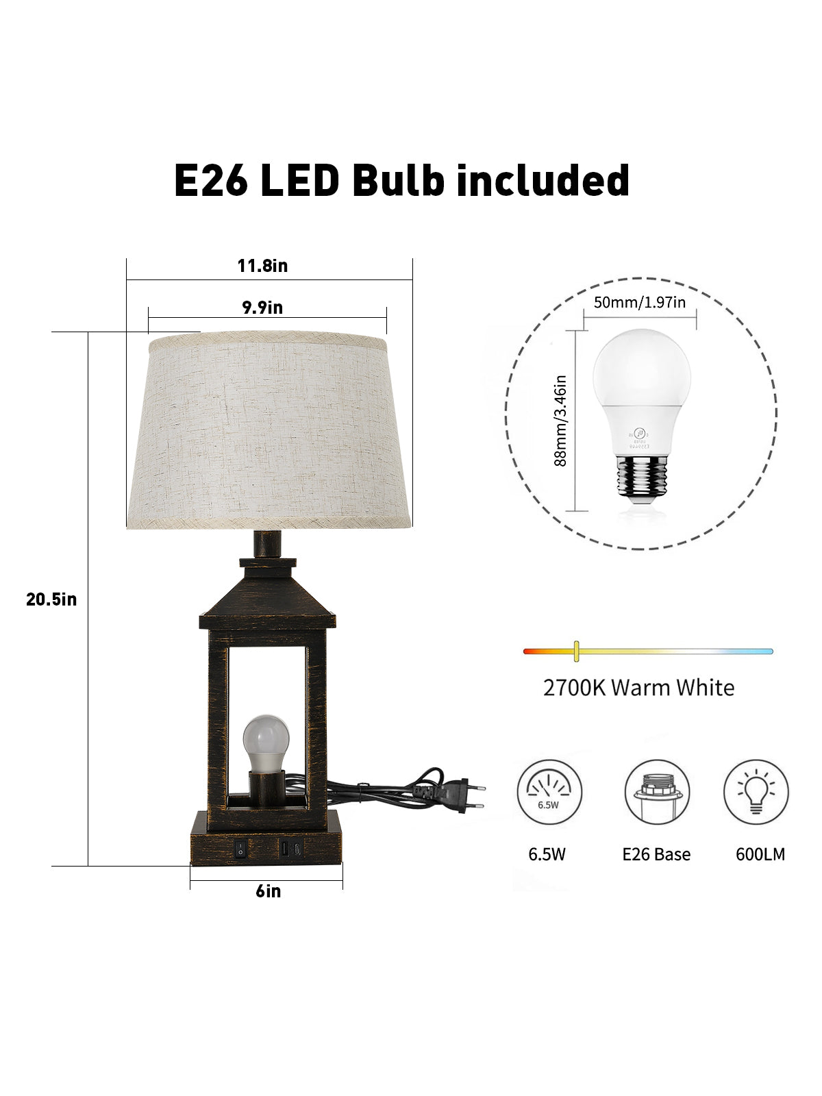 20.5" Black & Gold Farmhouse Touch Table Lamp - view 8