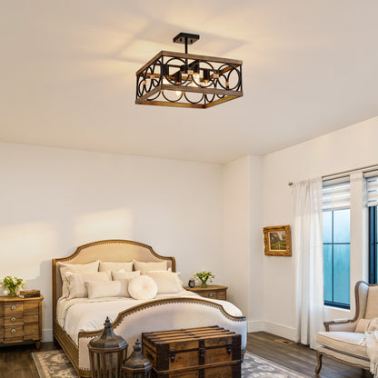 4-Light Wood & Black Farmhouse Flush Mount Ceiling Light - view 5