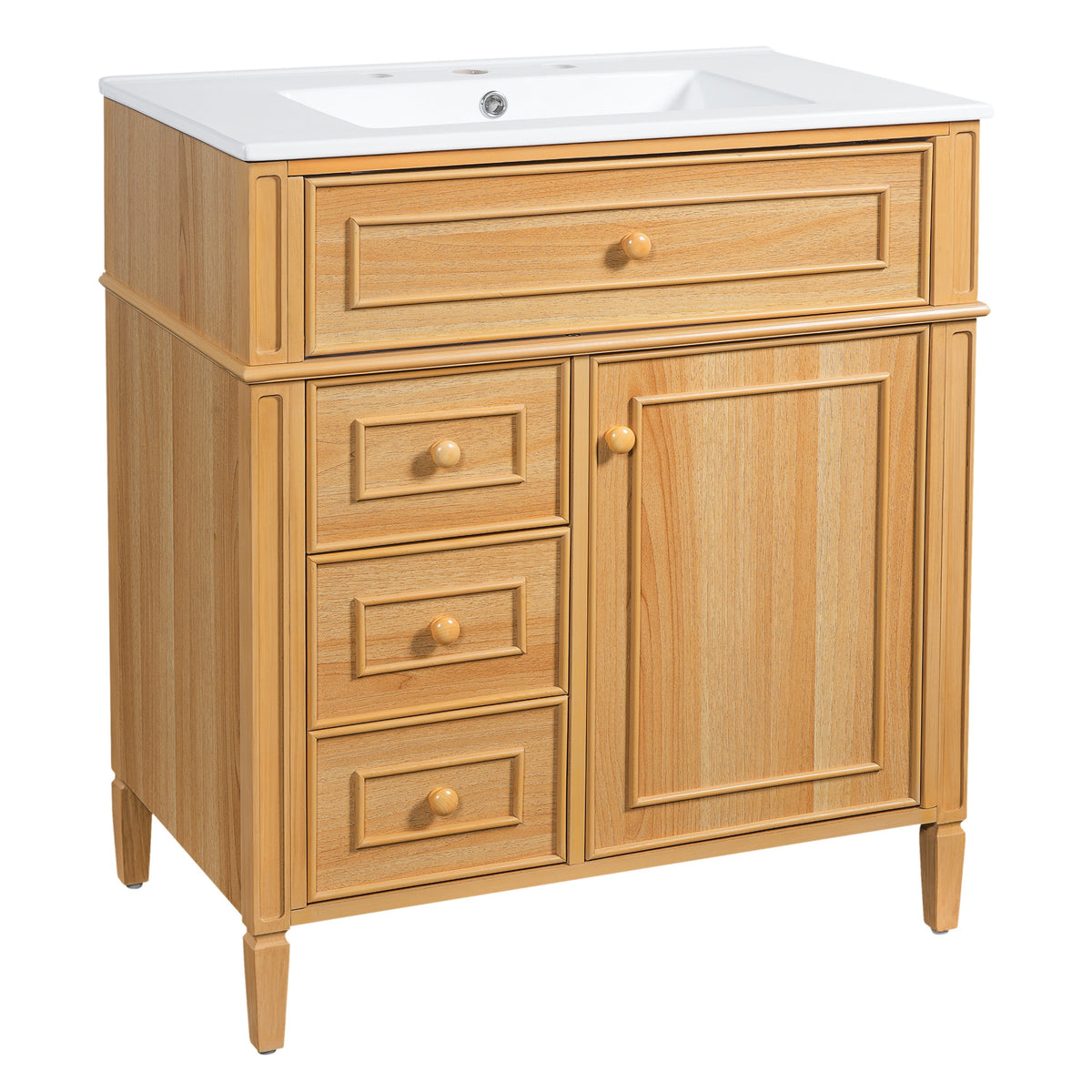 30" Natural Oak Bathroom Vanity with Ceramic Sink and 3 Drawers