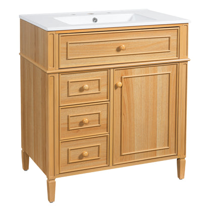 30" Natural Oak Bathroom Vanity with Ceramic Sink and 3 Drawers
