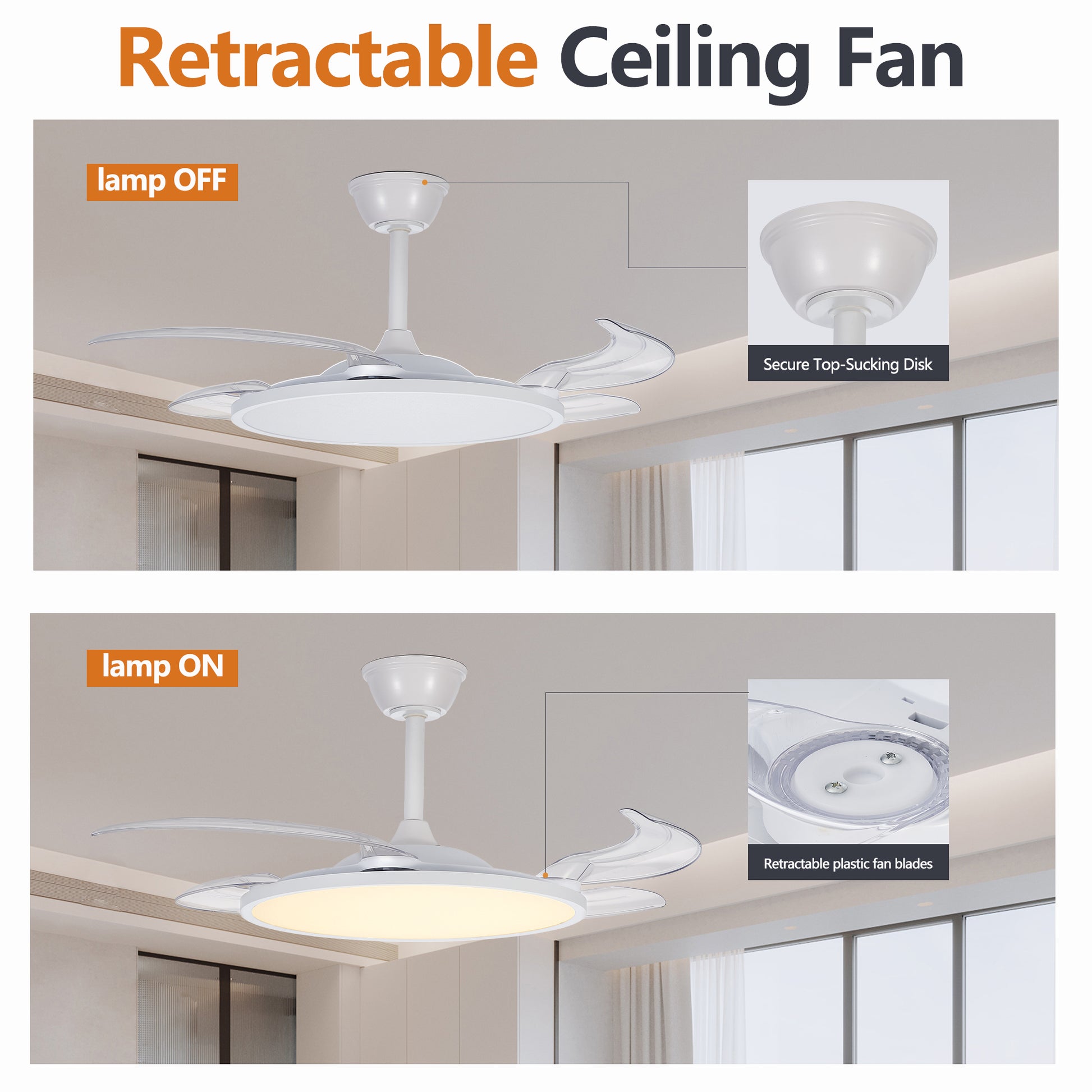 42" White Retractable Flush Mount Ceiling Fan with Remote - view 3