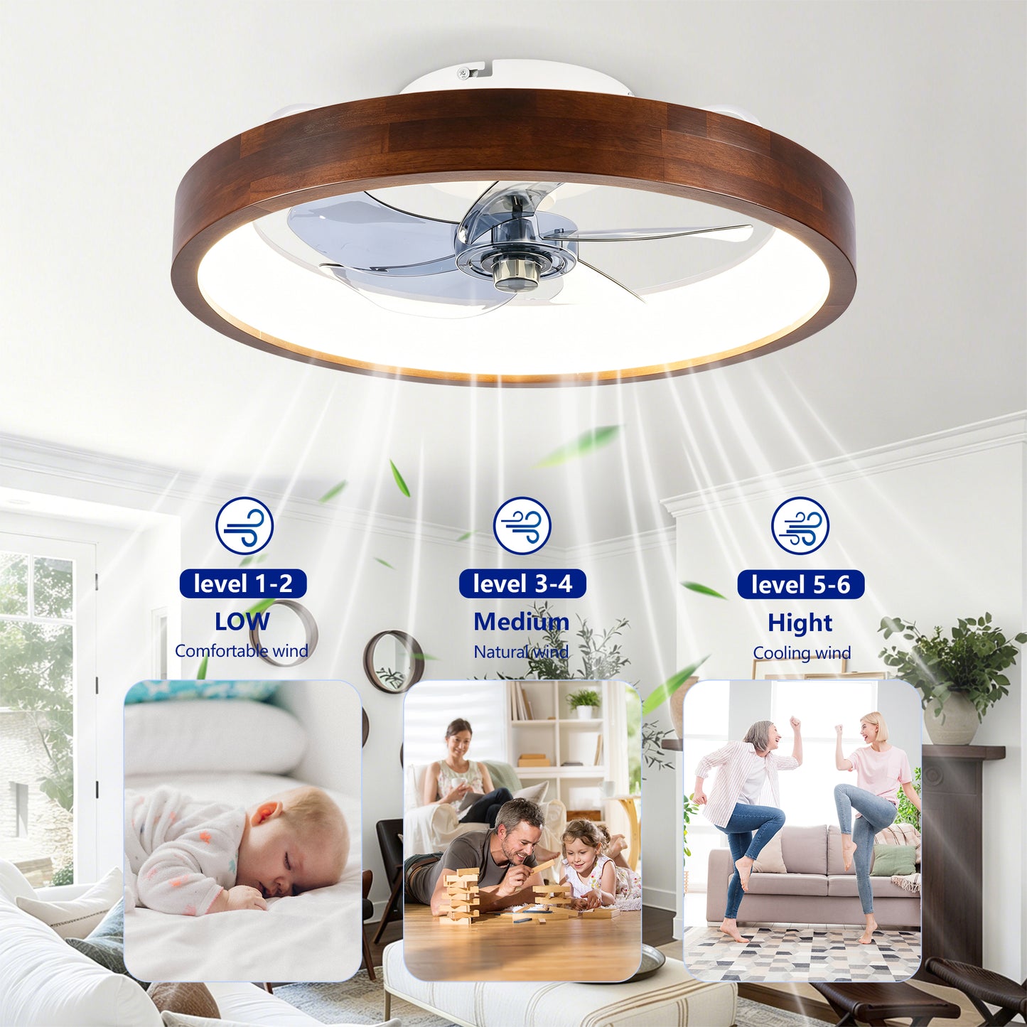 20" White & Wood Flush Mount Ceiling Fan with Dimmable LED - view 13